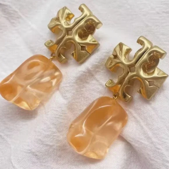 Tory Burch ROXANNE gold logo + orange ice cube drop & dangle statement earrings - Picture 12 of 12